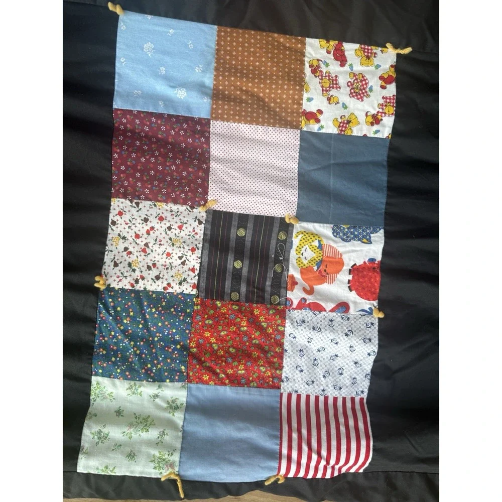 Vintage Patchwork Quilt Multicolor Patterns Squares Black Border 61x83
